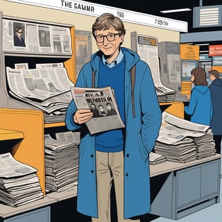 illustration of young Bill Gates wearing casual clothes with grey long coat, blue t shirt, ((both hands give newspaper)), standing at newspaper vendor in new york airport in 1975, full body, (looked from medium), art by Atey Ghailan, masterpiece, perfect anatomy,(cute comic)