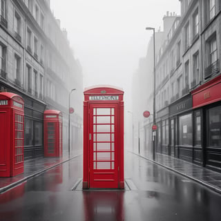 Color splash wide photo of red phone booth in the middle of empty street, detailed, mist, soft
vignette (in the combined style of Mœbius and french comics), (minimal vector:1.1), simple background,s4lma,