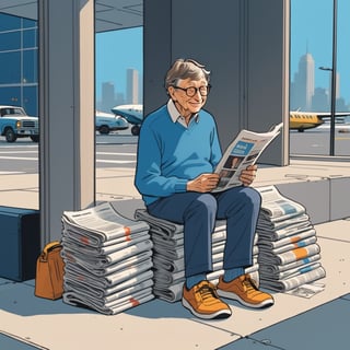 illustration of bill gates buy newspaper to newspaper deliveryman, old man, sit at corner of new york airport in 1975, full body, (looked from medium), art by Atey Ghailan, masterpiece, perfect anatomy,(cute comic)