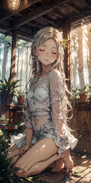A fairy with closed eyes, long hair to the floor, barefoot, white skin, leaf-textured forest dress, holding a round transparent ball, forest background, low indirect lighting, cinematic, full_body,
