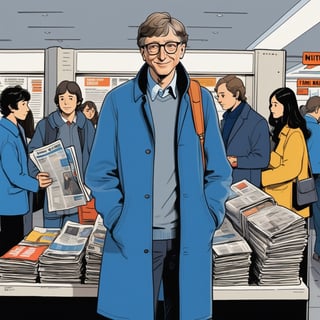 illustration of young Bill Gates wearing casual clothes with grey long coat, blue t shirt, both hands check empty wallet, standing at newspaper vendor in new york airport in 1975, full body, (looked from medium), art by Atey Ghailan, masterpiece, perfect anatomy,(cute comic)