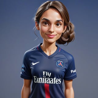 Create a realistic 3D woman, caricature, 3D oil painting caricature, wearing (female PSG jersey), resembling, (random contrast) solid background, medium shot, masterpiece 
