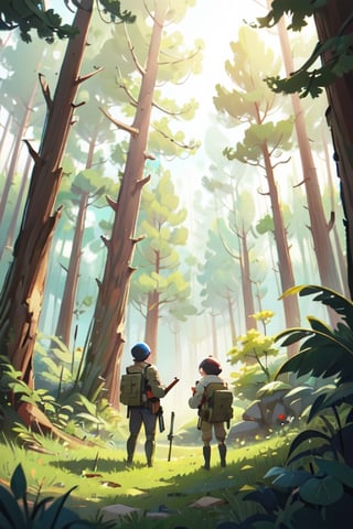 (illustration of seven human bring the guns ), background at the forest, looked from afar, art by Atey Ghailan,masterpiece,