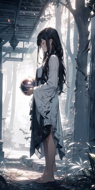 A fairy with closed eyes, long hair to the floor, barefoot, white skin, leaf-textured forest dress, holding a round transparent ball, forest background, low indirect lighting, cinematic, full_body,Sasha Grey