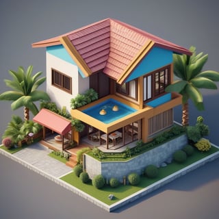 cute 3D isometric model of bolon house north sumatera | blender render engine niji 5 style expressive,3d isometric,3d style,