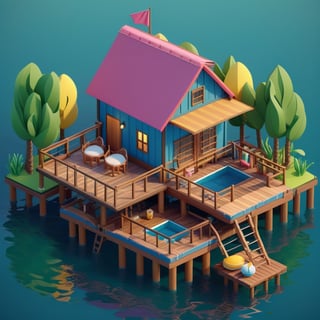 cute 3D isometric model of raft house | blender render engine niji 5 style expressive,3d isometric,3d style,