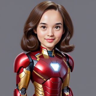 Create a realistic 3D pretty woman, (ch3ls3a), chelsea islan, caricature, 3D oil painting caricature, wearing (female ironman outfit), resembling, (random contrast) solid background, medium shot, masterpiece 