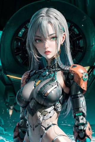 shodanSS_soul3142, 1girl, solo, green eyes, glowing eyes, robot joints, long hair, looking at viewer, glowing, green hair, grey skin, android, colored skin,sagging breasts,Sasha Grey