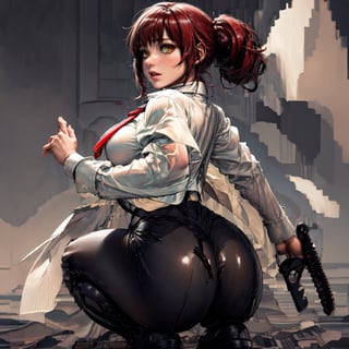 asterpiece, best quality, ultra-detailed, Squat, squatting, from behind,makima \(chainsaw man\), 1girl, absurdres, bangs, indoors, black necktie, black pants, braid, braided ponytail, collared shirt, highres, long hair, long sleeves, necktie, red hair, ringed eyes, shirt, sidelocks, solo, uniform, white shirt, yellow eyes, small breasts, panties through pant