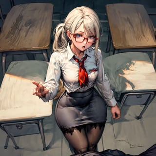  
1girl, torso grab, pov hands, glasses, shirt, pencil skirt, classroom, 1boy, grabbing, surprised, :o, pantyhose,, masterpiece, best quality, highly detailed,missionary anal