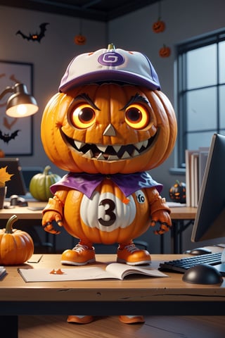 cartoon character classic, fantasy video game character ,Halloween character,concept art, a cute pumpkin monster wearing (baseball cap) , in modern office room,detailed ((office)) background, PC on office desk, Halloween ornaments, fantasy, animation style rendering, cute 3 D rendering, small characters. Unreal Engine 5, stylized anime, cute detailed digital art, 1970s dark fantasy movie, centred, rule of thirds,3d, ,monster
