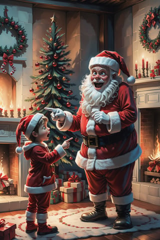2D, creepy, cute Santa Claus and one little boy, ,they are pointing at each other,the boy is wearing pajamas,
Christmas presents around there,Christmas tree in front of　fireplace,light from fireplace makes beautiful gradient of shadow and adds depth to image ,dark living room background,(style of Skottie Young:1.3) 
(masterpiece,best quality:1.5),PEOPShockedFace,shocked face