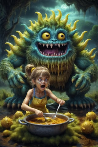 photo realistic:1.2, 1girl,1monster, ((girl ))is cooking on ground,detailed cute swamp monster element made of liquid ,they are surprised ,
,Monster,jungle background,,((outdoors, amazing scenery)), (highly detailed:1.2), (ultra realism:1.2)