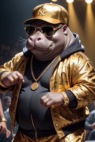 Dressed animals - a fat hippo dancer, ((dancing and singing)), god of hip hop, highly detailed ((hip hop fashion)) , highly detailed accessories , wearing sunglasses and cap,dancing pose,wearing a jacket delicately depicted with gold leaf detailing, printed onto a substantial and regal coat,Emphasize the intricate application of gold foil to capture the strength and valor of hip hop dancer. Ensure a visually stunning representation that combines the opulence of gold leaf with the historical passion of hip hop , creating a unique and impressive fashion through innovative image generation techniques.",abmhandsomeguy,(full body image), stadio lighting