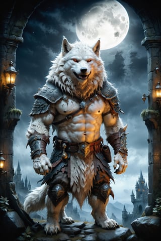 (((Top Quality: 1.4))), (Art by jean baptiste monge),(Unparalleled Masterpiece),(Ultra High Definition),(Ultra-Realistic 8k CG),chiaroscuro,cute white werwolf,king of werwolves, massive mascular body, standing,fluffy body , in dark medieval castle,horror , eerie moon light makes gradient of shadows and adds depth to images, (magic mysterious background,highly detailed baclgound, glowing particles, ethereal fog, faint darkness), hype realistic cover photo awesome full color, Cinematic, (hyper detail: 1.2), perfect anatomy,more detail XL,Leonardo Style,,detailmaster2,((over waist image:1.8)),,realistic,monster