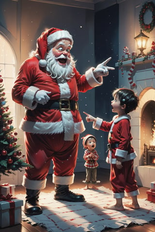 2D, creepy, cute Santa Claus and one little boy, ,they are pointing and looking at each other,the boy is wearing (pajamas),
Christmas presents around there,Christmas tree ,light from fireplace makes beautiful gradient of shadow and adds depth to image ,dark living room background,(style of Skottie Young:1.3) 
(masterpiece,best quality:1.5),PEOPShockedFace,shocked face