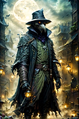 (((Top Quality: 1.4))), (Art by Todd McFarlane and Greg Capullo),Spawn comic style,(Unparalleled Masterpiece),(Ultra High Definition),(Ultra-Realistic 8k CG),chiaroscuro,Plague Doctor,detailed Plague Doctor's clothes ,wearing plague doctor's mask and hat , in dark medieval street,creepy atmosphere, eerie moon light penetrating makes gradient of shadows and adds depth to images, (magic mysterious background,highly detailed baclgound, glowing particles, ethereal fog, faint darkness), hype realistic cover photo awesome full color, Cinematic, (hyper detail: 1.2), perfect anatomy,more detail XL,Leonardo Style,,detailmaster2,((over waist image:1.8)),oil painting,realistic