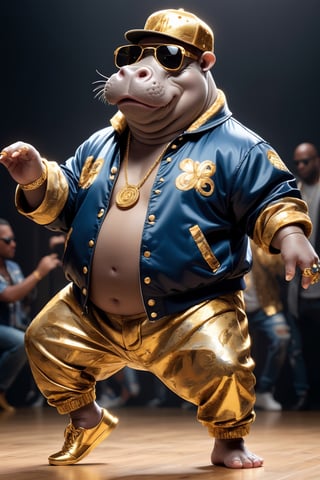 Dressed animals - a fat hippo dancer, ((dancing and singing)), god of hip hop, highly detailed ((hip hop fashion)) , highly detailed decorations, wearing sunglasses,dancing pose,wearing a jacket delicately depicted with gold leaf detailing, printed onto a substantial and regal coat,Emphasize the intricate application of gold foil to capture the strength and valor of hip hop dancer. Ensure a visually stunning representation that combines the opulence of gold leaf with the historical passion of hip hop , creating a unique and impressive fashion through innovative image generation techniques.",abmhandsomeguy,(full body image), stadio lighting