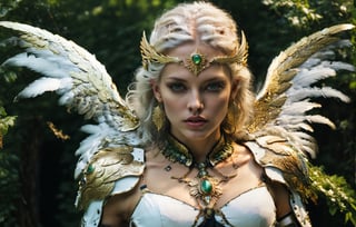 (wide angle),(Aetherpunk style:1.4),8k , ultra quality ,nature,pagan imagery,intricate detailed, beautiful valkyrie ,gold detailed holy gorgeous armor,intricate detailed wide angelic wings,spreading angelic wings wide,utopia,magic,detailed,mages,outdoors,amazing scenery,(highly detailed:1.2),(ultra realism:1.2), realistic, detailed, textured, skin, platinum white hair, green eyes, by Alex Huguet, Mike Hill, Ian Spriggs, JaeCheol Park, Marek Denko
,detailmaster2,more detail XL,(half body image)