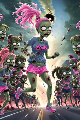   running girl, Gray Track Top, pink shorts, ponytail,(many zombies are following her,
outdoors, detailed highway background, Modern metropolis,