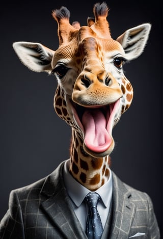 face close up photo of anthropomorphic fat cute baby giraffe,(furry), dressed in a dark gray suit, (sticking out tongue:1.5),(happy smile:1.5),(playful:1.2), soft lighting, Cinematic, hdr, primitive, Intricate, High quality, smoothing tones, Intricate details, Low contrast,(viewed from side:2.0), (looking to the side:1.5), simple background