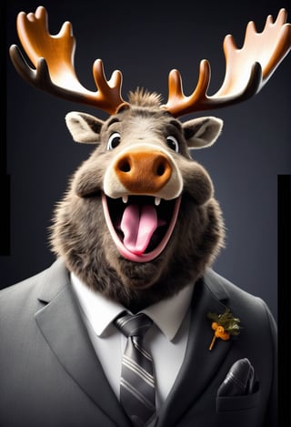 face close up photo of anthropomorphic fat moose,(), (furry),dressed in a dark gray suit, (sticking out tongue:1.5),(happy smile:1.5),(playful:1.2), soft lighting, Cinematic, hdr, primitive, Intricate, High quality, smoothing tones, Intricate details, Low contrast,(viewed from side:2.0), (looking at viewer:1.5), simple background