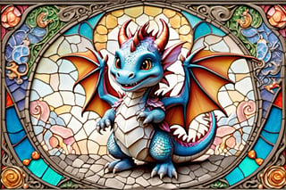 Happy, image of cute dragon,intricate details,
 blessed, welcoming , cute, adorable, vintage, art on a cracked paper, fairytale, patchwork, stained glass, storybook detailed illustration, cinematic, ultra highly detailed, tiny details, beautiful details, mystical, luminism, vibrant colors, complex background,,cute dragon