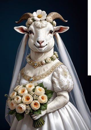  portrait of Dressed animals - a ((fat)) baby goat,(elegant pose),(closed mouth),(frurry), high quality,(lovely) ,intricate details, highly detailed ((wedding dress)),wearing opera globes ,wearing highly detailed veil, highly detailed decorations ,holding flower bouquet, (happy), studio lighting,(full body image:1.5),comic book