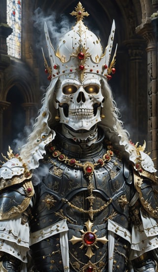 (((Top Quality: 1.4))), (Art by Giuseppe Arcimboldo),,(Unparalleled Masterpiece),(Ultra High Definition),(Ultra-Realistic 8k CG),cyborg evil priest , horror, highly detailed embellished white Vestment, highly gold detailed priest's crown , in dark ruins of church,8 life size, eerie white light penetrating makes gradient of shadows and adds depth to images, (magic mysterious background,, glowing particles, ethereal fog, faint darkness), hype realistic cover photo awesome full color, Cinematic, (hyper detail: 1.2),, perfect anatomy,more detail XL,Leonardo Style,cyborg style,detailmaster2,((over waist image:1.8)),cyborg
