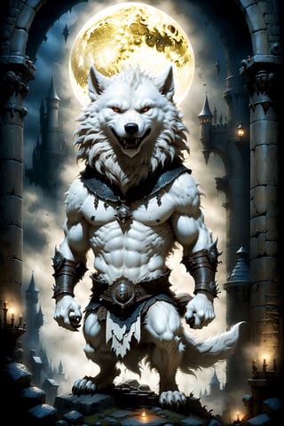 (((Top Quality: 1.4))), (Art by jean baptiste monge),(Unparalleled Masterpiece),(Ultra High Definition),(Ultra-Realistic 8k CG),chiaroscuro,cute white werwolf,king of werwolves, massive mascular body, standing,fluffy body , in dark medieval castle,horror , eerie moon light makes gradient of shadows and adds depth to images, (magic mysterious background,highly detailed baclgound, glowing particles, ethereal fog, faint darkness), hype realistic cover photo awesome full color, Cinematic, (hyper detail: 1.2), perfect anatomy,more detail XL,Leonardo Style,,detailmaster2,((over waist image:1.8)),,realistic,monster,eyes shoot