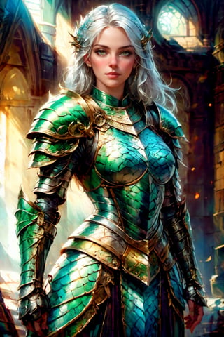 front_view, masterpiece, best quality, photorealistic, raw photo, (1girl, looking at viewer), long white hair,dragon armor, intricate armor, delicate gold filigree, intricate filigree, black metalic parts, detailed part, dynamic pose, detailed background, dynamic lighting, ,dragon armor