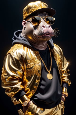  Dressed animals - a (fat) hippo hip hop dancer, ((dancing and singing)), god of hip hop, highly detailed ((hip hop fashion)) , highly detailed accessories , (wearing sunglasses and cap),dancing pose,wearing a jacket and hoodie delicately depicted with gold leaf detailing, printed onto a substantial and regal coat,Emphasize the intricate application of gold foil to capture the strength and valor of hip hop dancer. Ensure a visually stunning representation that combines the opulence of gold leaf with the historical passion of hip hop , creating a unique and impressive fashion through innovative image generation techniques.",abmhandsomeguy,(full body image:1.8), stadio lighting