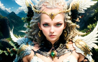 (wide angle),(Aetherpunk style:1.4),8k , ultra quality ,nature,pagan imagery,intricate detailed, beautiful valkyrie ,gold detailed holy gorgeous armor,intricate detailed wide angelic wings,spreading angelic wings wide,utopia,magic,detailed,mages,outdoors,amazing scenery,(highly detailed:1.2),(ultra realism:1.2), realistic, detailed, textured, skin, platinum white hair, green eyes, by Alex Huguet, Mike Hill, Ian Spriggs, JaeCheol Park, Marek Denko
,detailmaster2,more detail XL,(half body image),realistic