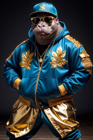  Dressed animals - a fat hippo hip hop dancer, ((dancing and singing)), god of hip hop, highly detailed ((hip hop fashion)) , highly detailed accessories , (wearing sunglasses and cap),dancing pose,wearing a jacket and hoodie delicately depicted with gold leaf detailing, printed onto a substantial and regal coat,Emphasize the intricate application of gold foil to capture the strength and valor of hip hop dancer. Ensure a visually stunning representation that combines the opulence of gold leaf with the historical passion of hip hop , creating a unique and impressive fashion through innovative image generation techniques.",abmhandsomeguy,(full body image:1.8), stadio lighting