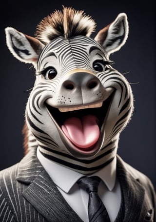 face close up photo of anthropomorphic zebra,(tongue), (furry),dressed in a dark gray suit, (sticking out tongue:1.5),(happy smile:1.5),(playful:1.2), soft lighting, Cinematic, hdr, primitive, Intricate, High quality, smoothing tones, Intricate details, Low contrast,(viewed from side:2.0), (looking at viewer:1.5), simple background