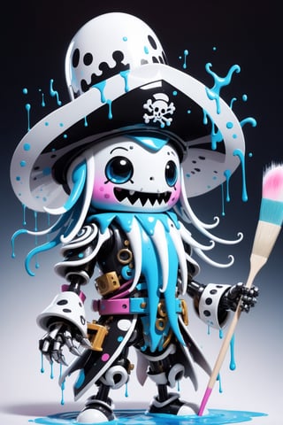 cute robo character of (squid),a mascot for tensor.art,cubby, ((holding a large paintbrush)), futuristic, cyborg style,(lovely smile),(cute pink cheeks) ,wearing a black pirate's hat,cute ,white platinum metallic line,light blue and white dripping paint ,squid head, squid arms, ,mecha,robo,PEOPShockedFace