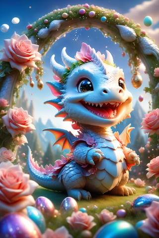 chibi cute dragon smiling charmingly, nestled among roses, gifts and golden seeds, framed by a verdant lawn dotted with Easter eggs, against a backdrop of blue skies and rainbow arches with floating soap bubbles, in a charmingly pose, photographed by Miki Asai with macro lens precision, trending on ArtStation with Greg Rutkowski's detailed fantasy style in 9k resolution, sharp focus aperture F 1.5, intricate details, setting studio photography, ultra high,cute dragon