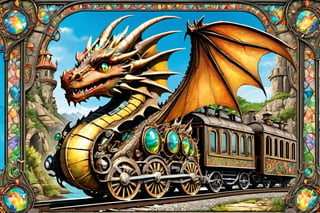 Happy, image of dragon train,intricate details,
 blessed, welcoming , cute, adorable, vintage, art on a cracked paper, fairytale, patchwork, stained glass, storybook detailed illustration, cinematic, ultra highly detailed, tiny details, beautiful details, mystical, luminism, vibrant colors, complex background,dragon train
