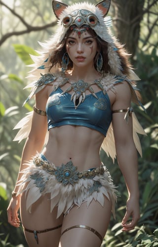 fashion photography portrait of 1girl, princess mononoke,(wearing (princess mononoke coscume)),standing,face paint,muscular body,slim abs,in blue lush jungle with flowers , 3d render, cgi, symetrical, octane render, 35mm, bokeh, 9:16, (intricate details:1.12), hdr, (intricate details, hyperdetailed:1.15), (natural skin texture, hyperrealism, soft light, sharp:1.2),(half body image from head to thigh:1.5),realistic,realism,photorealistic,Masterpiece,nargacuga armor,Realism,More Detail,princessmononoke,character,1 girl