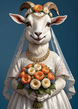  portrait of Dressed animals - a ((fat)) baby goat,(elegant pose),(closed mouth),(frurry), high quality,(lovely) ,intricate details, highly detailed ((wedding dress)),wearing opera globes ,wearing highly detailed veil, highly detailed decorations ,holding flower bouquet, (happy), studio lighting,(full body image:1.5),comic book