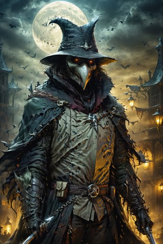 (((Top Quality: 1.4))), (Art by Todd McFarlane and Greg Capullo),Spawn comic style,(Unparalleled Masterpiece),(Ultra High Definition),(Ultra-Realistic 8k CG),chiaroscuro,Plague Doctor,detailed Plague Doctor's clothes ,wearing plague doctor's mask and hat , in dark medieval street,creepy atmosphere, eerie moon light penetrating makes gradient of shadows and adds depth to images, (magic mysterious background,highly detailed baclgound, glowing particles, ethereal fog, faint darkness), hype realistic cover photo awesome full color, Cinematic, (hyper detail: 1.2), perfect anatomy,more detail XL,Leonardo Style,,detailmaster2,((over waist image:1.8)),oil painting,realistic