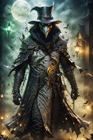 (((Top Quality: 1.4))), (Art by Todd McFarlane and Greg Capullo),Spawn comic style,(Unparalleled Masterpiece),(Ultra High Definition),(Ultra-Realistic 8k CG),chiaroscuro,Plague Doctor,  horror,detailed Plague Doctor's clothes ,wearing plague doctor's mask and hat , in dark medieval street,8 life size, eerie white light penetrating makes gradient of shadows and adds depth to images, (magic mysterious background,highly detailed baclgound, glowing particles, ethereal fog, faint darkness), hype realistic cover photo awesome full color, Cinematic, (hyper detail: 1.2), perfect anatomy,more detail XL,Leonardo Style,,detailmaster2,((over waist image:1.8)),