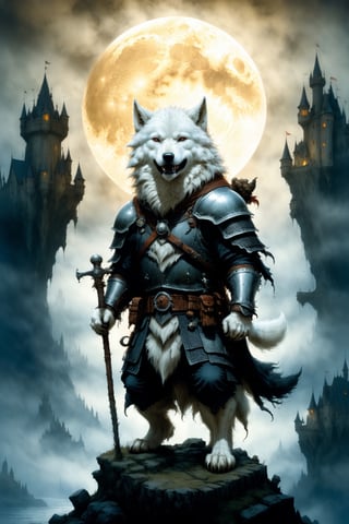 (((Top Quality: 1.4))), (Art by jean baptiste monge),(Unparalleled Masterpiece),(Ultra High Definition),(Ultra-Realistic 8k CG),chiaroscuro,cute white werwolf,king of werwolves, massive mascular body, standing,fluffy body , in dark medieval castle,horror , eerie moon light makes gradient of shadows and adds depth to images, (magic mysterious background,highly detailed baclgound, glowing particles, ethereal fog, faint darkness), hype realistic cover photo awesome full color, Cinematic, (hyper detail: 1.2), perfect anatomy,more detail XL,Leonardo Style,,detailmaster2,((over waist image:1.8)),,realistic,monster,eyes shoot,xxmix_girl