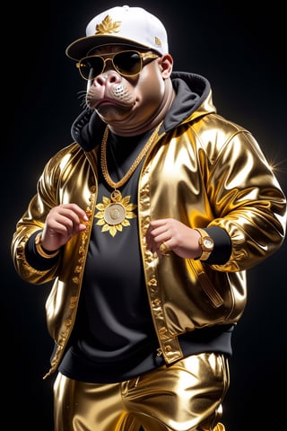 photo realistic portrait ,high quality,intricate details, Dressed animals - a (fat) hippo hip hop dancer, ((dancing and singing)), god of hip hop, highly detailed ((hip hop fashion)) , highly detailed accessories , (wearing sunglasses and cap),dancing pose,wearing a jacket and hoodie delicately depicted with gold leaf detailing, printed onto a substantial and regal coat,Emphasize the intricate application of gold foil to capture the strength and valor of hip hop dancer. Ensure a visually stunning representation that combines the opulence of gold leaf with the historical passion of hip hop , creating a unique and impressive fashion through innovative image generation techniques.",abmhandsomeguy,(full body image:2.0), stadio lighting
