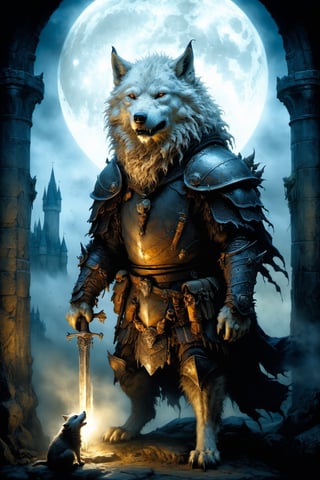 (((Top Quality: 1.4))), (Art by jean baptiste monge),(Unparalleled Masterpiece),(Ultra High Definition),(Ultra-Realistic 8k CG),chiaroscuro,white werwolf,king of werwolves massive mascular body ,fluffy body ,8 life size, in dark medieval castle,horror , eerie moon light makes gradient of shadows and adds depth to images, (magic mysterious background,highly detailed baclgound, glowing particles, ethereal fog, faint darkness), hype realistic cover photo awesome full color, Cinematic, (hyper detail: 1.2), perfect anatomy,more detail XL,Leonardo Style,,detailmaster2,((over waist image:1.8)),,realistic,monster