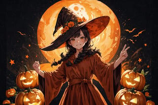   absurdres, highres, ultra detailed, (1girl:1.3), kawaiiBREAK  ,,(carries Jack o'lanterns ),(( orange witch's big hat and orange intricate robe)), shining eyes , twin_braid , black hair , little girl, 10 years old,(lovely smile),happy Halloween atmosphere, fluid textures,,moonlight,intricate details, 32k digital painting, hyperrealism, (vivid color,abstract background:1.3, colorful:1.3, flowers:1.2, pumpkins:1.1,zentangle:1.2, fractal art:1.1) , parted bangs, SUPER HIGH quality, in 8K , intricate detail, ultra-detailed,(action pose:1.5),(upper body image:1.5),realhands