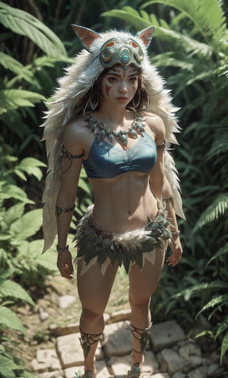 fashion photography portrait of 1girl, princess mononoke,(wearing (princess mononoke coscume)),standing,face paint,muscular body,slim abs,in blue lush jungle with flowers , 3d render, cgi, symetrical, octane render, 35mm, bokeh, 9:16, (intricate details:1.12), hdr, (intricate details, hyperdetailed:1.15), (natural skin texture, hyperrealism, soft light, sharp:1.2),(full body image:1.5),realistic,realism,photorealistic,Masterpiece,nargacuga armor,Realism,More Detail,princessmononoke,character,1 girl,(viewed from above),