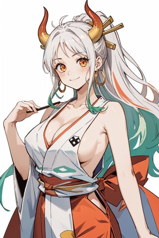 (masterpiece, best quality, highres:1.3), ultra resolution image, (1girl),yamato\(one piece\), (solo), kawaii, hair ornament, kimono, oni, earrings, japanese clothes,,cute face,smile softly, hoop earrings, sleeveless, hair stick,(white long hair), multicolored hair,standing,,orange eyes ,curled horns, horns, arms up, sideboob, cleavage, sleeveless kimono,tip of hair is green, jewelry, large breasts, blush, red horns, collarbone