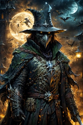 (((Top Quality: 1.4))), (Art by Todd McFarlane and Greg Capullo),Spawn comic style,(Unparalleled Masterpiece),(Ultra High Definition),(Ultra-Realistic 8k CG),chiaroscuro,Plague Doctor,detailed Plague Doctor's clothes ,wearing plague doctor's mask and hat , in dark medieval street,creepy atmosphere, eerie moon light penetrating makes gradient of shadows and adds depth to images, (magic mysterious background,highly detailed baclgound, glowing particles, ethereal fog, faint darkness), hype realistic cover photo awesome full color, Cinematic, (hyper detail: 1.2), perfect anatomy,more detail XL,Leonardo Style,,detailmaster2,((over waist image:1.8)),oil painting