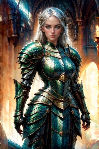 front_view, masterpiece, best quality, photorealistic, raw photo, (1girl, looking at viewer), long white hair,dragon armor, intricate armor, delicate gold filigree, intricate filigree, black metalic parts, detailed part, dynamic pose, detailed background, dynamic lighting, ,dragon armor